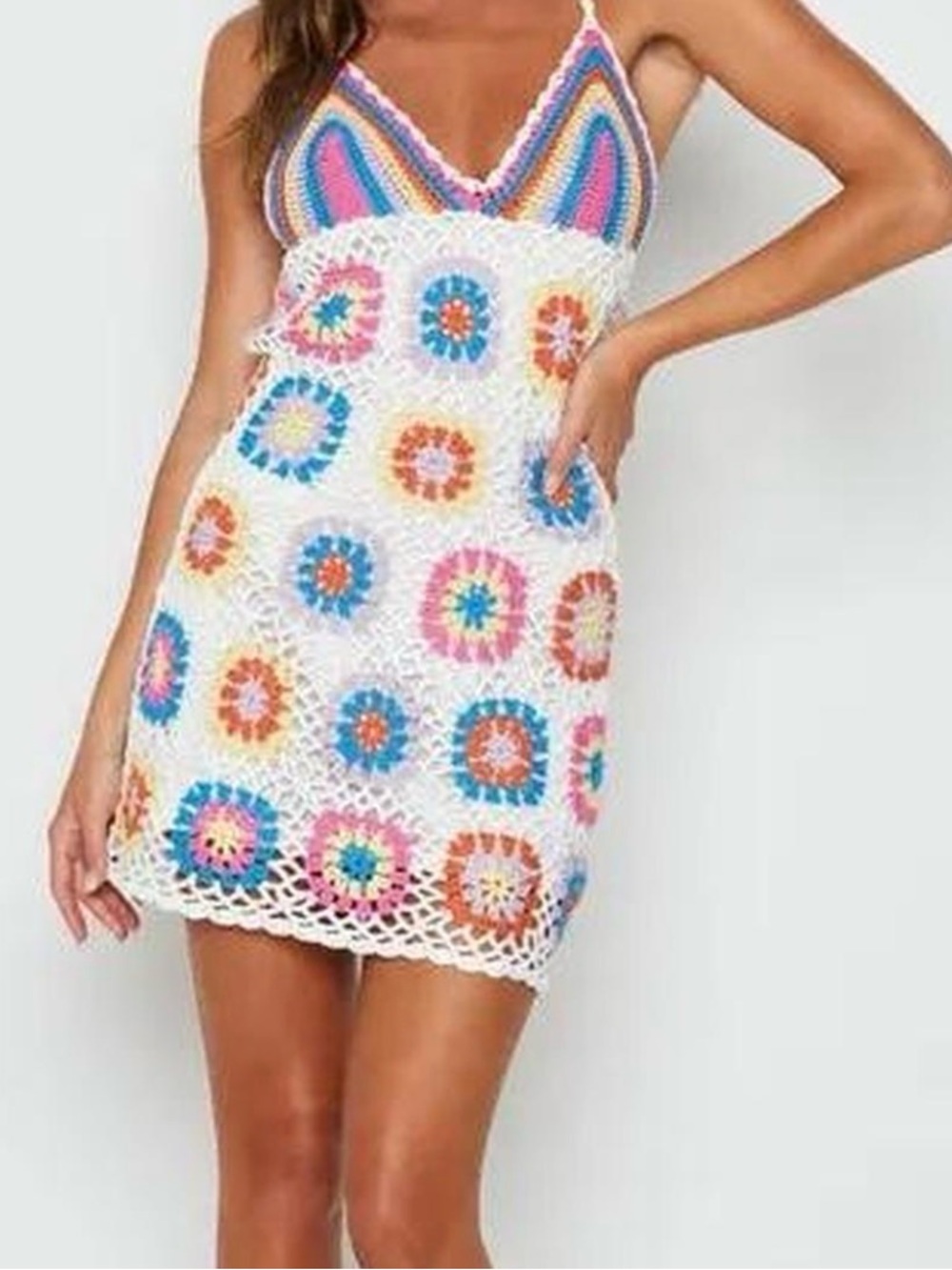 Crochet Mini Dress with Multicolor Floral Motifs - White Base - “July Multi”